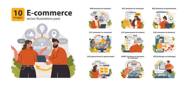 Vector illustration of E-store and e-commerce set. Entrepreneur selling goods and gaining