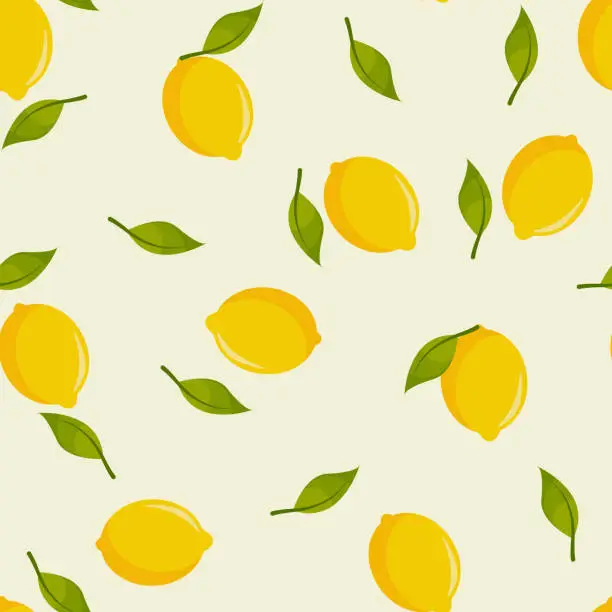 Vector illustration of Lemons and green leaves on a pastel yellow background. Seamless pattern.