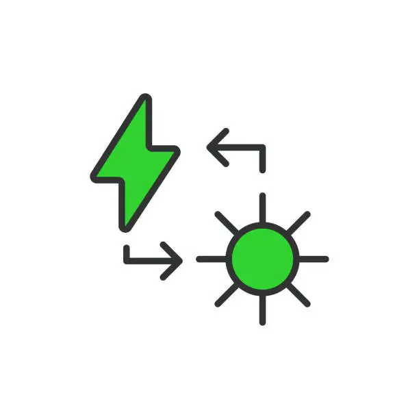 Vector illustration of Converting sunlight to electricity icon in line design, green. Converting, sunlight, electricity, energy isolated on white background vector. Converting sunlight to electricity, editable stroke icon.