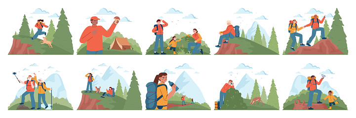 Outdoor camping and hiking set. Character spending time in nature. Families and friends traveling outdoors. Summer adventure in the woods and mountains. Flat vector illustration