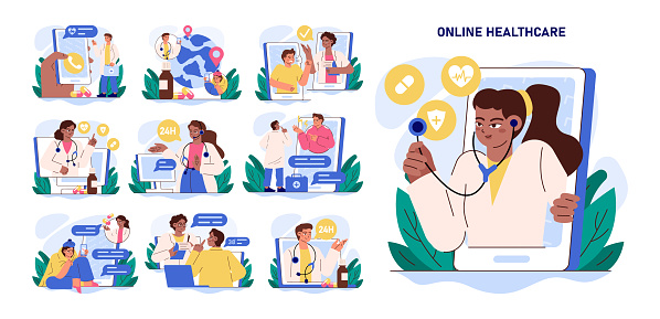 Online consultation with a doctor set. Remote medical treatment by videocalling on a smartphone. Sick character with a heat chatting with medical worker on smartphone. Flat vector illustration