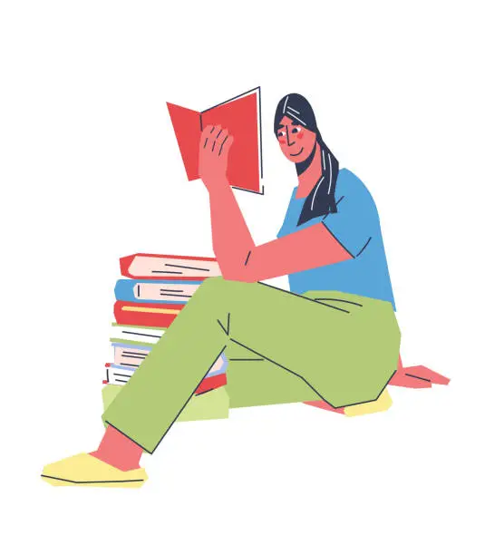 Vector illustration of Woman discovers the joy of reading and explores the world of book vector on white.