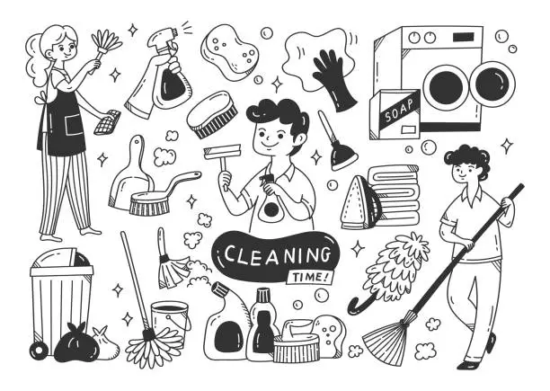 Vector illustration of Cleaning supplies doodle isolated on white background