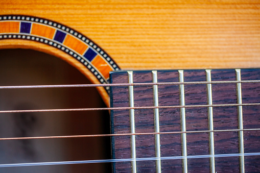 A detail shot of a neck of a western guitarin front of a grey background.