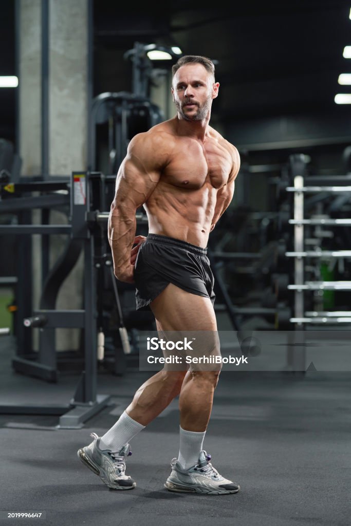 Male Bodybuilder Side View Rows Handsome Bodybuilder Performing Side Triceps Pose In Gym Stock Photo ...