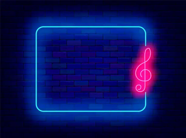 Vector illustration of Music concert neon advertising. Dance party. Empty blue frame and treble clef symbol. Vector stock illustration