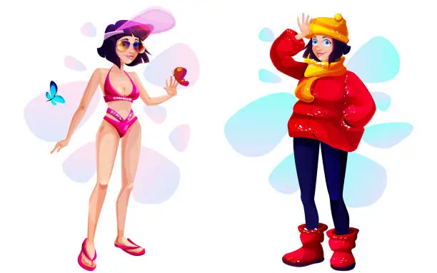 Vector illustration of Seasons in cartoon style. Young girl in winter and winter style on isolated white background. Seasons, summer-winter. Character variation.