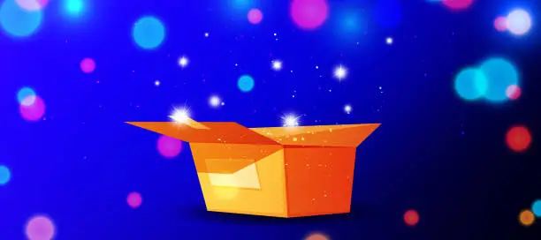 Vector illustration of Open cardboard box with lens flares on abstract colorful holiday background.