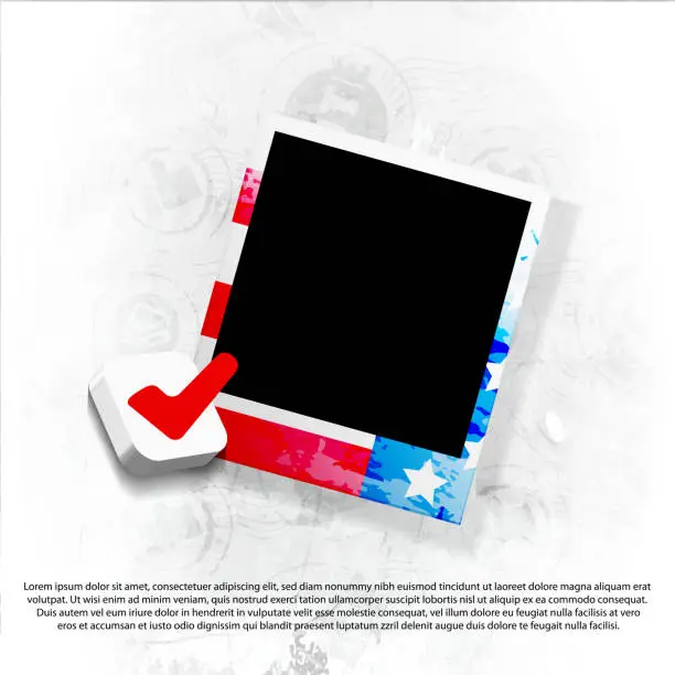 Vector illustration of Election voting concept in realistic style. Vote in the USA, banner design. Polaroid photo with 3D voting button on an abstract grunge background. Election voting poster with copy space.
