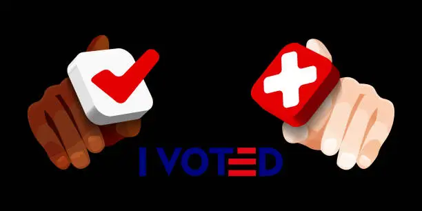 Vector illustration of Hands of Americans of different races with 3D choice icons on isolated background. Poster for voting in elections.