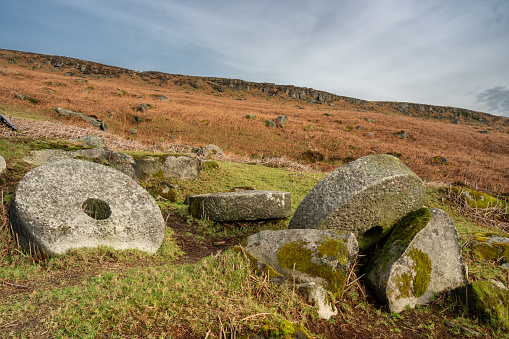 Stanage Edge millstones in the Derbyshire Peak District National Park during winter.