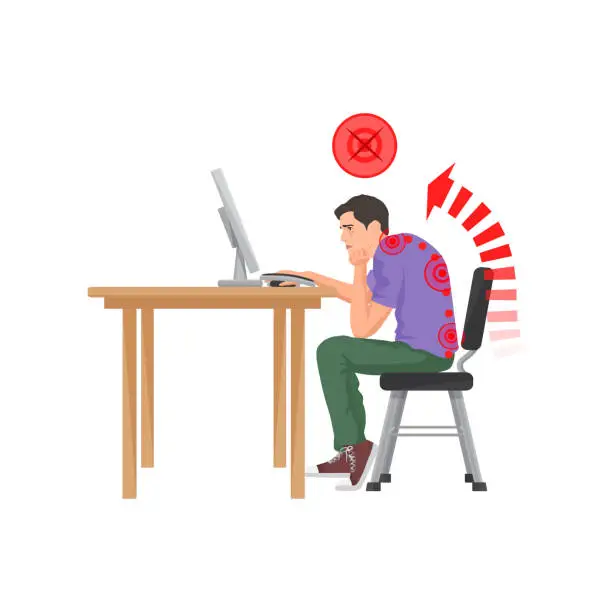 Vector illustration of Incorrect spine posture sitting at computer