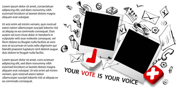 Vector illustration of Election idea in retro style, banner design. Select an icon featuring polaroids on a white background with hand-drawn drawings. Election voting poster with place for text.