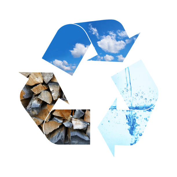 Recovery and recycling in construction industry and building activity - concept with recycling symbol and home models