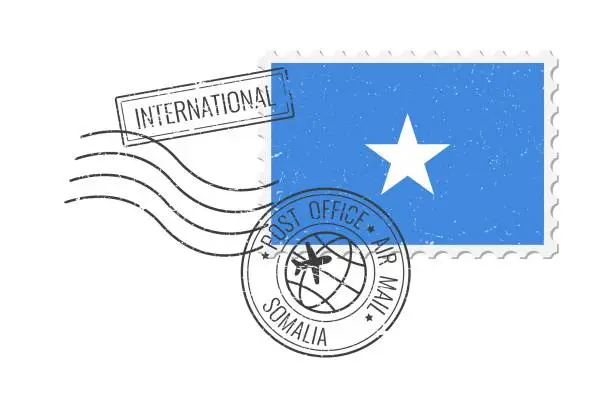 Vector illustration of Somalia grunge postage stamp. Vintage postcard vector illustration with Somalian national flag isolated on white background. Retro style.