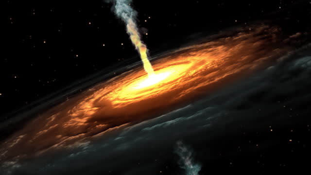 A jet of gas escapes from the center of a spiral galaxy