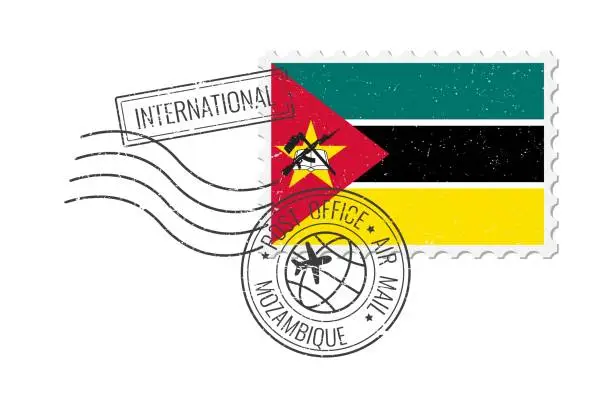 Vector illustration of Mozambique grunge postage stamp. Vintage postcard vector illustration with Mozambican national flag isolated on white background. Retro style.