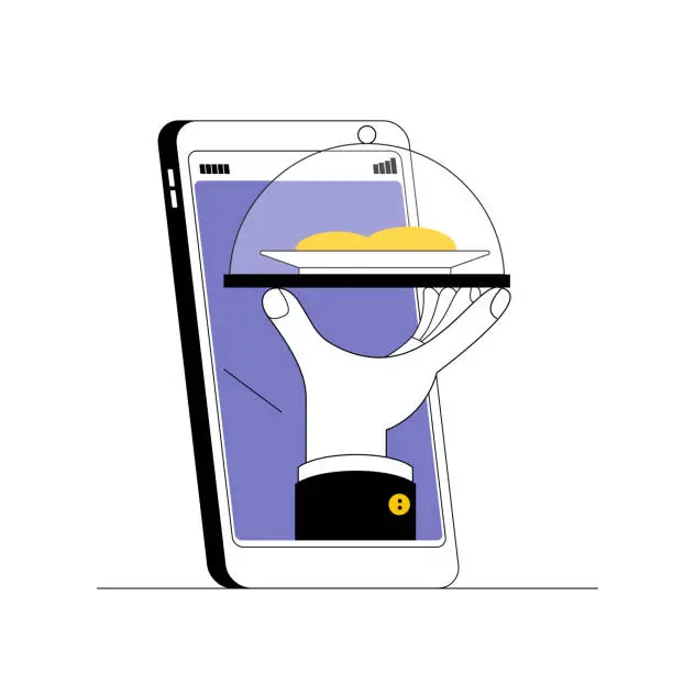 Vector illustration of A hand with a tray of food sticks out of the smartphone.