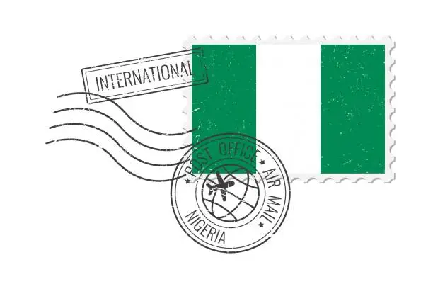 Vector illustration of Nigeria grunge postage stamp. Vintage postcard vector illustration with Nigerian national flag isolated on white background. Retro style.