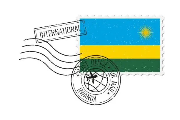 Vector illustration of Rwanda  grunge postage stamp. Vintage postcard vector illustration with national flag of Rwanda isolated on white background. Retro style.