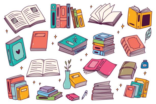 set of hand drawn books in doodle style vector illustration - buku ilustrasi stok