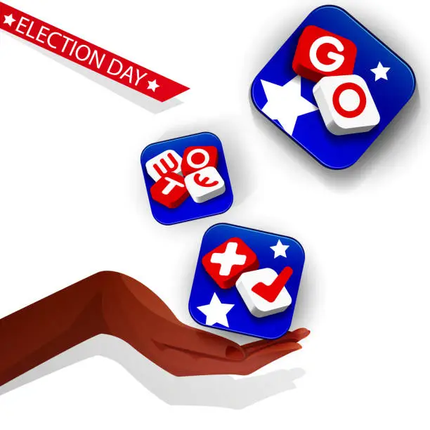 Vector illustration of Election voting concept, banner design. American woman hand with choice icons on white background. Poster for voting in elections.