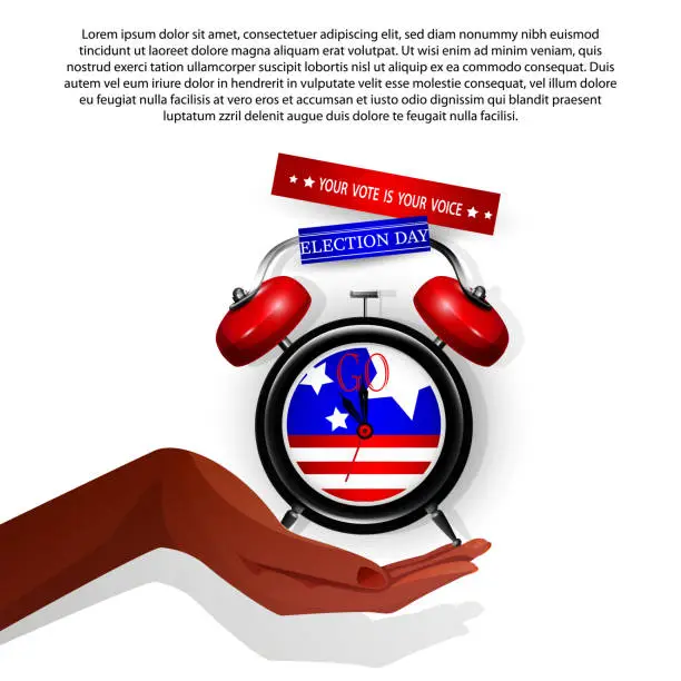 Vector illustration of Election voting concept, banner design. American woman's hand with choice alarm clock on white background. Election voting poster with place for text.