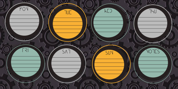 time planning concept in retro style. paper notes with weekly schedule on abstract vintage background with clock mechanisms and dial with arrows. - black background cardboard box computer icon symbol点のイラスト素材／クリップアート素材／マンガ素材／アイコン素材