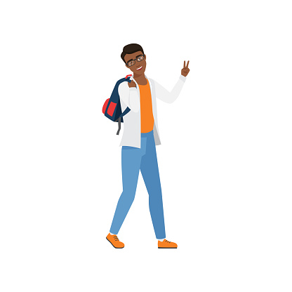 Happy student character with victory fingers gesture. Cheerful student boy with backpack flat vector illustration