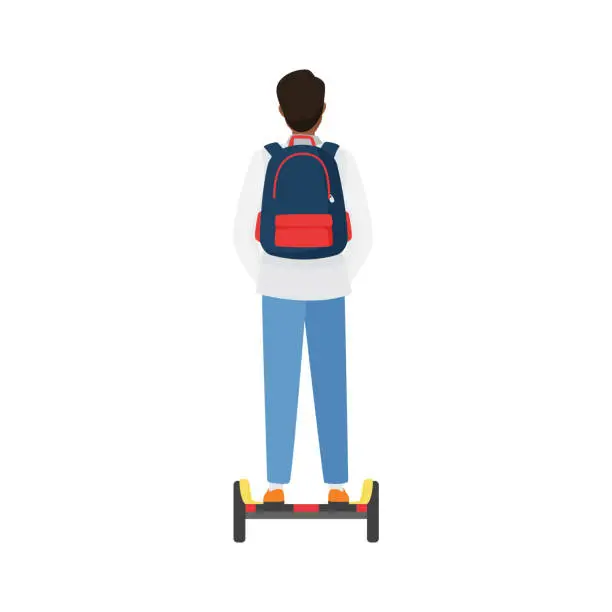 Vector illustration of Back view of student character on hoverboard