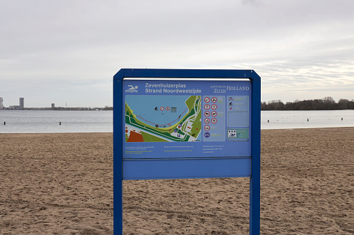 Swimming information sign at the lake Zevenhuizerplas at Oud-Verlaat in the Netherlands
