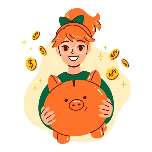 Vector illustration of Cute cartoon redhead girl in glasses holding a piggy bank in her hands.