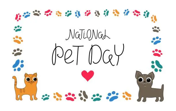 Vector illustration of National Pet Day. 11 April. Cute cartoon dog, cat. Traces, paw prints of an animal. Vector background for print design. Holiday social media post and card design with cute pets. Notification banner concept vector illustration. Background isolated.