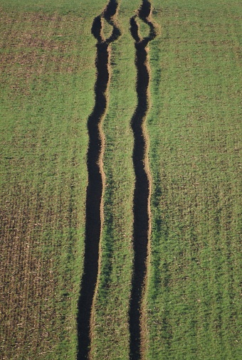 Des traces de deux roues d’un tracteur, sans un champs de verdure en Sarthe, en France