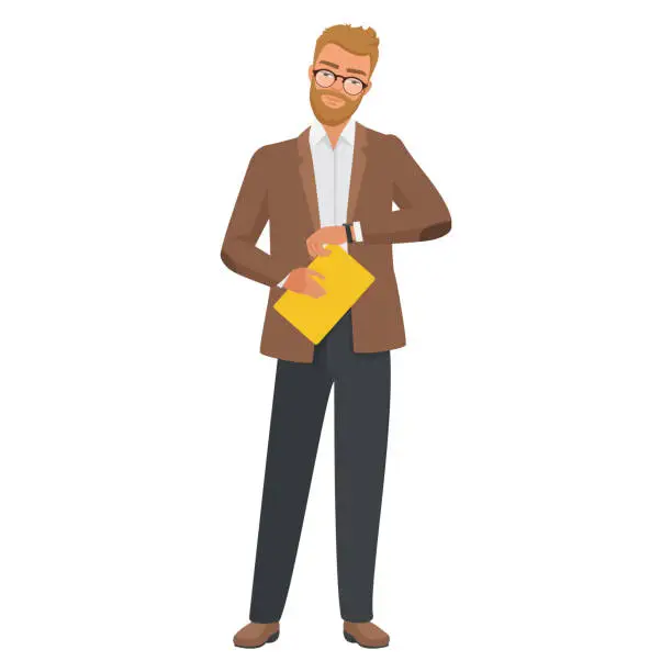 Vector illustration of Man in suit wearing wristwatch to control time, person waiting