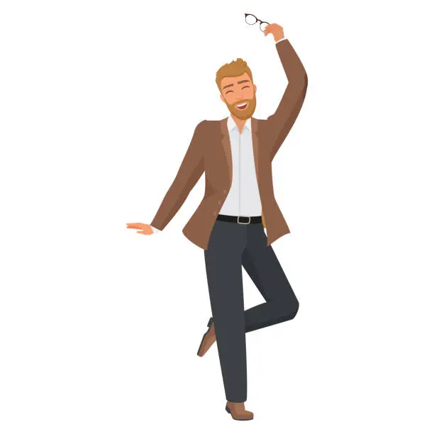Vector illustration of Happy teacher, office worker or businessman holding glasses and dancing