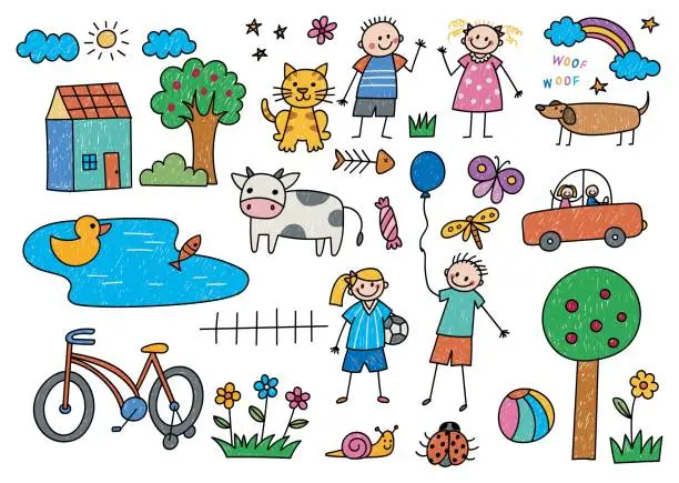Vector illustration of Kid drawing with little girl and boy, car, animal, house and other object