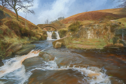 Digital oil painting of a rural landscape scene. Three Shire Heads in the Peak District National Park, England, UK.
