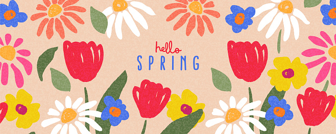 Cute Hello Spring card or horizontal poster for spring holidays with wildflowers, daisies, and tulips pattern. Hand drawn Floral art template for Easter,, birthday or Mothers Day decor and greetings