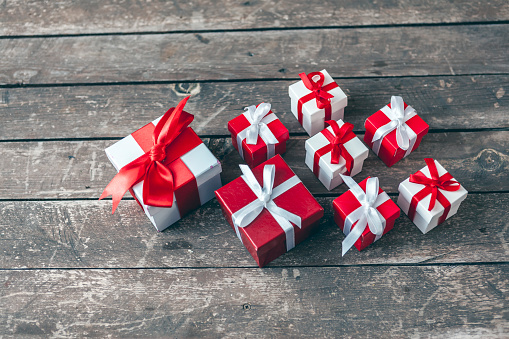 group of gift box on the wooden plank stock photo