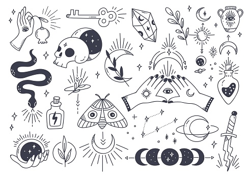 Set of mystic astronomy in hand drawn doodle style illustration
