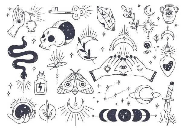 Vector illustration of Set of mystic astronomy in hand drawn doodle style illustration