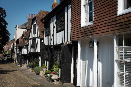 Rye, England, June 9 2023: Traditional urban landscape with British houses in the streets of Rye city United Kingdom