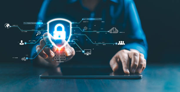 rete di sicurezza informatica. concetto di sicurezza informatica tecnologia di sicurezza della rete globale, gli uomini d'affari proteggono le informazioni personali. reti tecnologiche, cloud computing, gestione dei dati, sicurezza informatica - sicurezza-di-rete foto e immagini stock