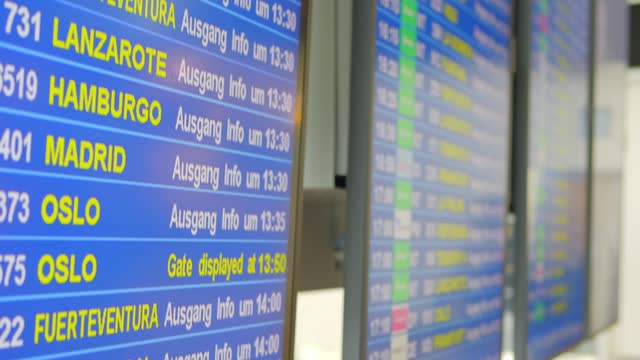 Airport flight information display system with departure details in 4k slow motion 120fps