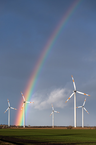 Rainbow against a blue sky. Wind turbines in the distance. Landscape after the rain. Rainbow over wind farm. Portrait format image with high-contrast and colored rainbows across the entire image. Wind turbines illuminated by the sun.