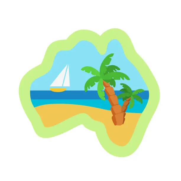 Vector illustration of Tropical sea beach with palm tree and sailboat in waves, abstract travel sticker