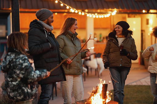 A family enjoys a cozy evening together roasting marshmallows over an open fire, sharing a sweet and joyful outdoor activity against a dusky sky.