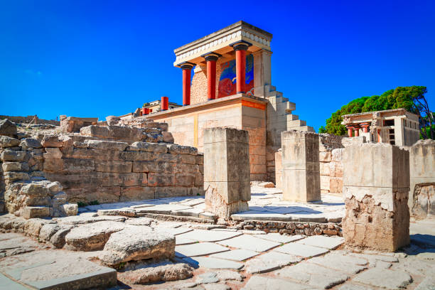 Old walls of Knossos near Heraklion, Crete island, Greece. The ruins of the Minoan temple on Mediterranean island of Crete