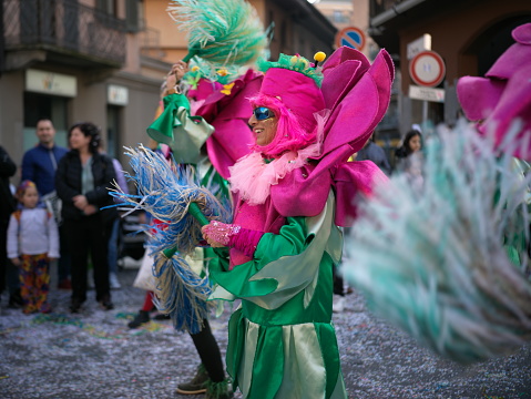 Busto Arsizio, Italy - February 2024, 17: people in masks celebrate the carnival on the streets of the city